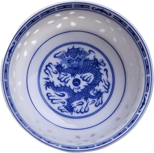 SUWFEZUF Bols de Service Bol à Riz, Vaisselle en Porcelaine Bleue et Blanche, Vaisselle Dragon Chinois, Bols à Soupe Ramen en céramique,9inch