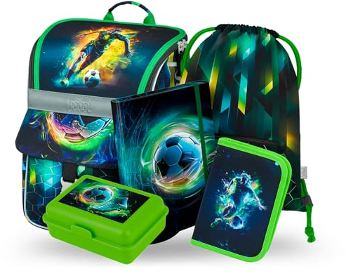 Baagl Schulranzen Jungen Set 5 Teilig - Schultasche ab 1. Klasse - Grundschule Ranzen mit Brustgurt - Ergonomischer Schulrucksack (Fußballspieler)
