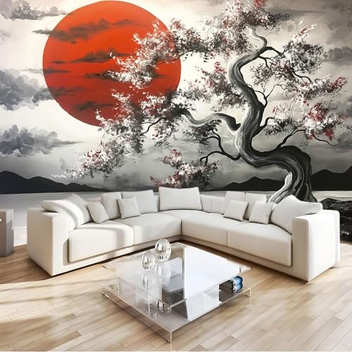 Peinture à L'Encre Papier Peint Panoramique cerisier japonais Toison Mur 350x256 cm Moderne Papier Peint intissé pour Chambre Salon Bureau Personnalisé Décoration Murale