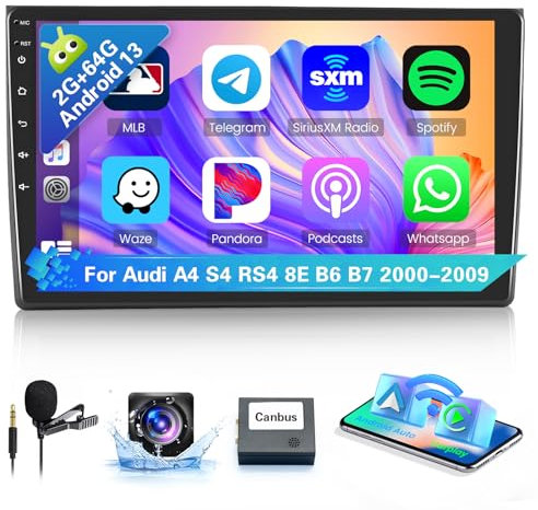 [8Cores 2G+64G] Hikity Autoradio Navi Für Audi A4 S4 RS4 8E B6 B7 2000-2009 Android 15 Touch Display mit FM RDS 32EQ 59UI Wireless Carplay Android Auto 9Zoll Bildschirm GPS WiFi MIC Rückfahrkamera