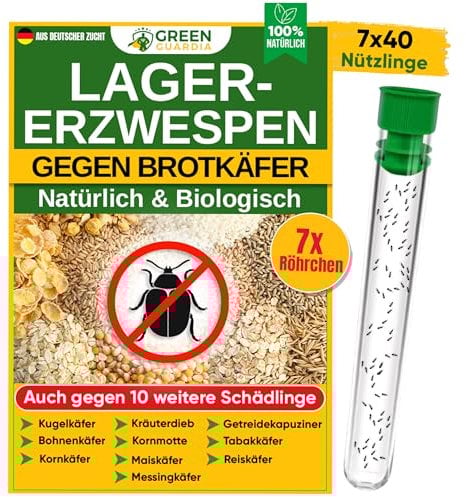 GREEN GUARDIA Lagererzwespen gegen Brotkäfer - 7 Röhrchen à 40 Nützlinge - effektiv Kornkäfer, Messingkäfer, Speckkäfer UVM. bekämpfen. Alternative zu Brotkäfer Falle und Kornkäfer Falle