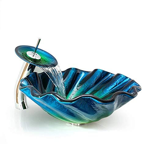 Bathroom Sink Tempered Glass Washbasin Above Counter Basin Bathroom Art Wash Basin Lavatory Sanitary Ware with Faucet and Accessories(Blue)