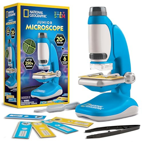 National Geographic Junior Microscope for Kids- Kit Includes Up to 250x Magnification Handheld Mini Attachment, 12 Slides, Lab Guide, Science Toy for Ages 6-12, STEM Project