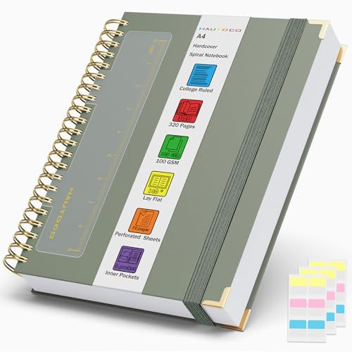 HAUTOCO Notizbuch A4 Liniert, Bullet Dot Journal, Spiral-Notizbücher 320 Seiten/160 Blatt, 100 gsm, Dickes Papier, Hardcover Notizbuch für Arbeit, Büro, Schule, Business, 29 x 21.5 cm - Olivgrün