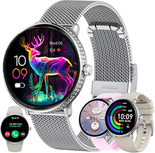 ZPIMY 1,19” AMOLED Diamant Smartwatch Damen mit Telefonfunktion, 5ATM Fitnessuhr mit Schrittzähler Herzfrequenz SpO2, Schlafmonitor, Sportuhr Aktivitätstracker für Android iOS, (Silber)