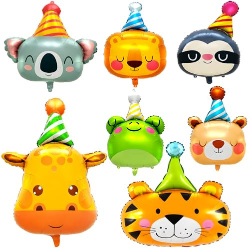 Safari Jungle Animal Balloons, Kaluofan 7 PCS Safari Animals Head Foil Balloons, Animals Head Giant Balloon for Kids Birthday Decorations Safari Jungle Animal Theme Party Decor Supplies