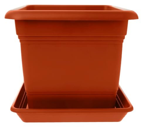 SUSTANIA Lot de 1 pot de fleurs carré avec soucoupe - Grand pot de fleurs - 28 x 28 cm - 16 l - Grand pot à tomates - Fabriqué en Allemagne - Terracotta