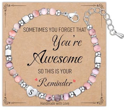 Astellea Pink Zebra Bracelet for Womens Girls, Charm Initial Bracelet Healing Natural Stone Gifts with Card Letter Jewellery for Friend Sister Daughter Mum at Mother's Day Christmas Birthday (S)