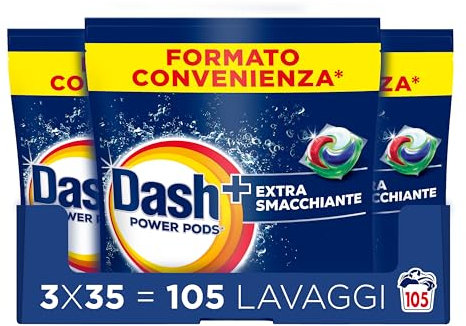 Dash Power Pods Detersivo Lavatrice In Capsule Extra Smacchiante, 105 Lavaggi (3x35), Rimuove anche le macchie secche da 7 giorni, per una pulizia impeccabile