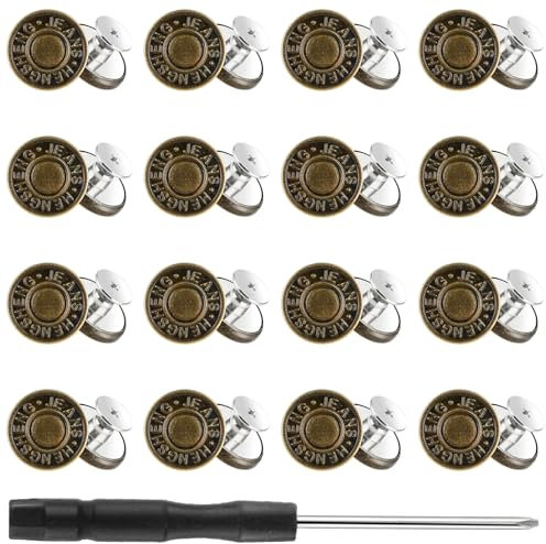 16 Sets Jeans Button Replacement, 17 mm Metal No-Sew Nailess Removable Buttons for Jeans, Thread Rivets Jean Buttons and Screwdriver, Easy Install Jean Button for Change Waist Size, Repair, Hold Tight
