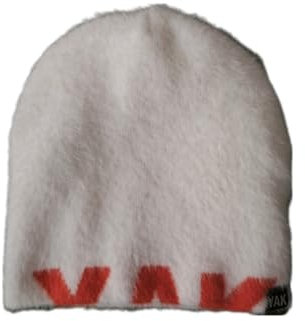 YAK Wintermütze, weiß mit rotem Logo, weiche Mütze aus Mohairwolle, Weiß, One size