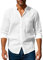 Volemo Mens Linen Shirts Long Sleeve Shirt Band Collar Casual Tops Regular Fit Solid White M