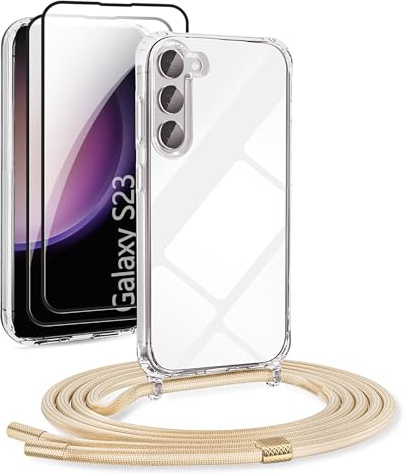 DiDaDi [5 in 1 1*Handykette Set für Samsung Galaxy S23 Hülle mit Band + 1*Transparent Schutzhülle+2*Schutzfolie+Reinigungsset, Handyhülle zum Umhängen Kordel Case (Gold, Samsung Galaxy S23)
