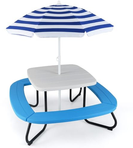 RELAX4LIFE Set Tavolo e Sedie per Bambini, Set Mobile da Esterno con Ombrello Parasole da Esterno, Tavolino e Panche da Giardino Terrazzo Balcone, Mobile da Picnic e BBQ (Modello 12)