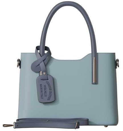 KMISSO Damen Hand Umhänge Henkel Tasche Feinstes Echt Leder aus Italien 30637 Celeste/Jeans