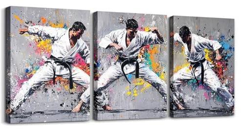 Homewish Leinwand Sportthema Leinwandbild Wohnzimmer Bilder 40x30cmx3Pcs Karate Taekwondo Bild Auf Leinwand Für Büro Flur,Coole Sport Graffiti Aquarell Poster Gerahmte Wandkunst Zimmer Flur