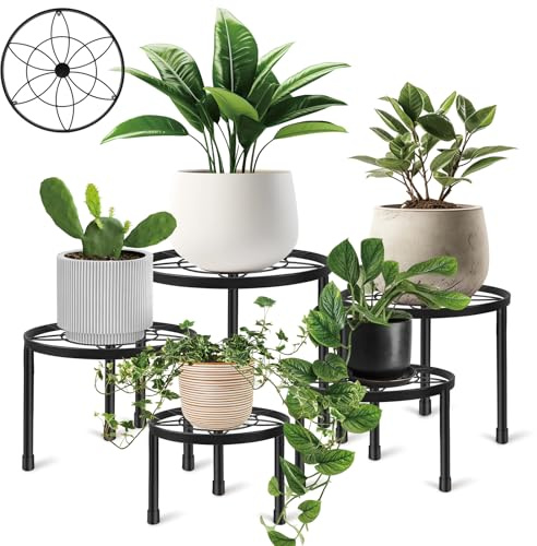 LUKVCIY 5 Pack Metal Plant Stand, Heavy Duty Rustproof for Multiple Size Planters, Indoor Outdoor Flower Pot Holder (Black)