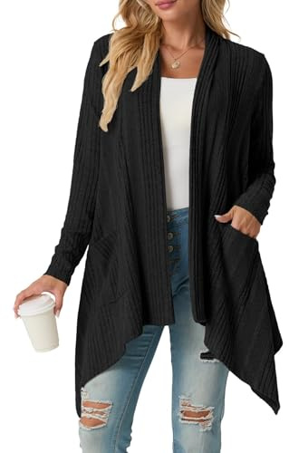 GRECERELLE Strickjacke Damen Lang Langarm Leichte Strick Cardigan Mit Taschen, Weich Fallender Asymmetrischer Saum