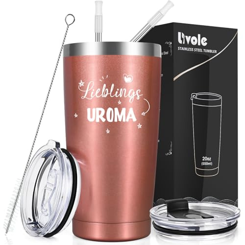 Livole Cadeaux Uroma préférés, cadeau uroma, arrière-grand-mère, Noël, tasse avec inscription en allemand LieblingsUroma, tasse à café à emporter isotherme, 600 ml, verres à vin à double paroi