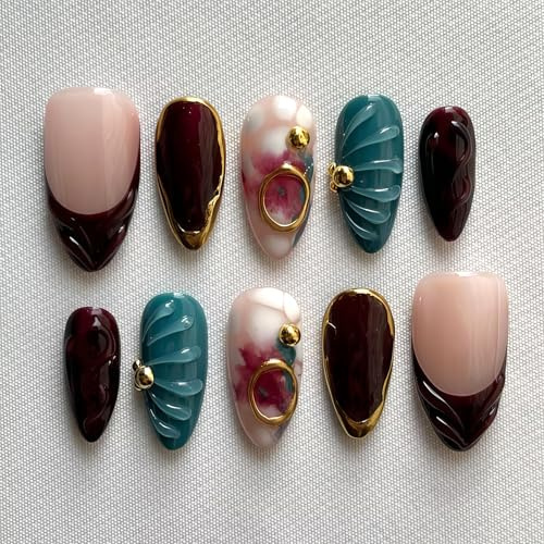 Zimocepuz Press On Nails, Mandelförmige 3D Vergoldete Rot Grün Nails mit Retro Design und Wiederverwendbare Fake Nails für Frauen