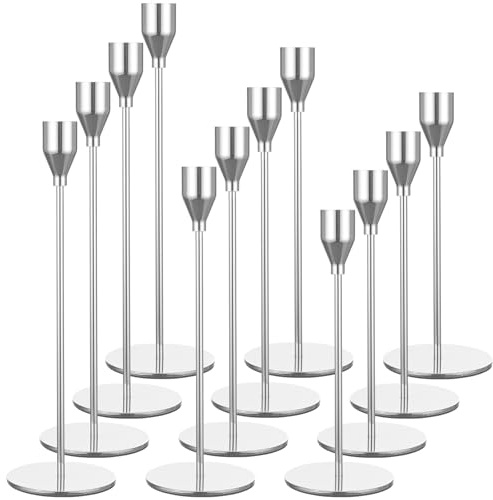 Set mit 12 silbernen Kerzenhaltern, französische Kerzenhalter für Spitzkerzen, Kerzenhalter passend für 3/4 Zoll Dicke Kerzen, Kerzenhalter für Hochzeit, Party, Heim, Abendessen bei Kerzenschein