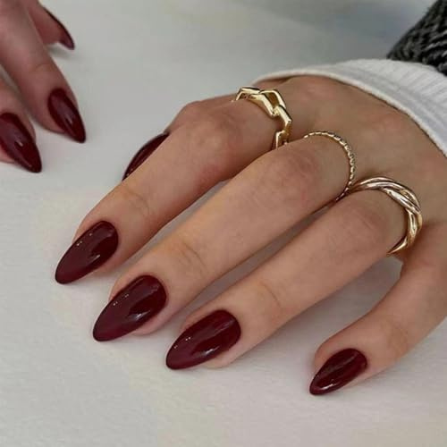 Almond False Nails - 24 Pieces Wine Red Medium Press on Nails with Glue - Soft Gel Natural Burgundy Fake Nails in 12 Sizes - Reusable Stiletto Stick on Nails for Women Finger Daily Wear