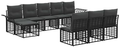 vidaXL Outdoor-Sofagarnitur 9 pcs Schwarz und Dunkelgrau Polyester, Garten-Sofa-Set, wetterfest, rustikales Rattan, modulare Sitze, Terrassen-Lounge, Patio-Style