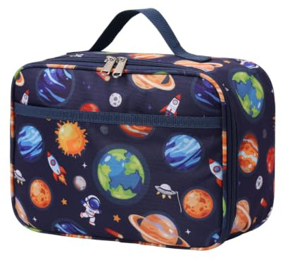 Pretty Jolly Mini Kids Lunch Box, Insulated Reusable Lunch Bag for Girls & Boys, Thermal Meal Container Tote with Waterproof Liner, Hot or Cold Snacks Lunchbox for School,Work,Picnic (Blue Planet)