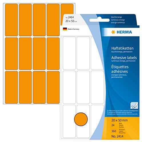 HERMA 2414 Vielzweck-Etiketten, 360 Stück, 20 x 50 mm, 15 pro Bogen, selbstklebend, Haushaltsetiketten zum Beschriften, matt, blanko Papier Klebeetiketten Aufkleber, leucht-orange