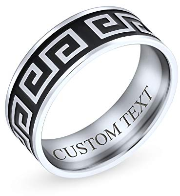 Bling Jewelry Personalisierte Herren Geometrische Griechische Schlüssel Schwarz Flache Hochzeit Band Ring Für Männer Für Frauen Edelstahl 8Mm Individuelle Gravur