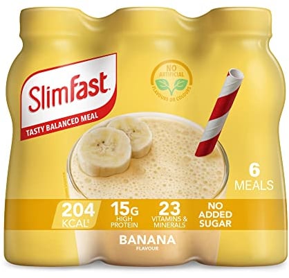 SlimFast Ready To Drink Shake, Tasty, Balanced Shake with Vitamins and Minerals, No Sugar, Banana Flavour, 6 x 325 ml Multipack