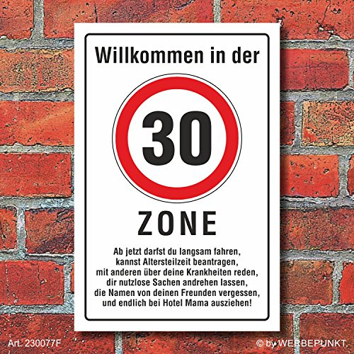Schild Zone 30 lustig 300 x 200 mm | 3 mm Alu-Verbund, wetterfester UV-Direktdruck, robust und langlebig, Made in Germany