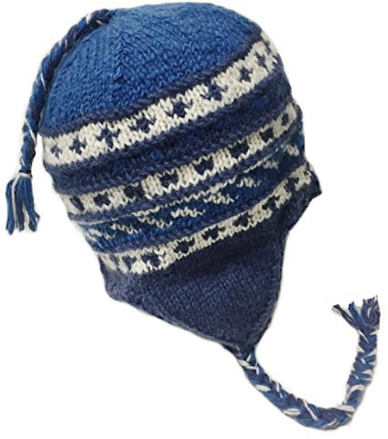 Nepal Handgestrickte Sherpa-Mütze mit Ohrenklappen, Trapper-Skimütze, schwere Wolle, Fleecefutter (weiß/blau)