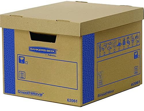 5 BANKERS BOX Large Strong Moving Boxes. FastFold Cardboard Moving Packing Storage Boxes, 47L SmoothMove Prime Heavy Duty Double Wall Boxes with Handles, 43cm x 38cm x 28.7cm, (Pack of 5), Brown/Blue