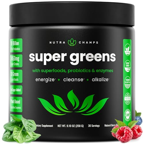 SuperGreens Powder, 40+ Organic Superfoods, Probiotics & Enzymes for Energy, Digestion, Gut Health & Bloating | Organic Fruit & Veggie Drink Mix, Daily Green Juice Smoothie Blend, Spinach, Noni Plus