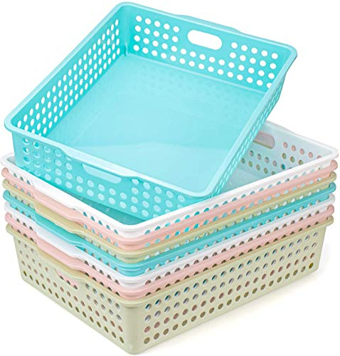 Lawei Lot de 8 paniers de rangement en plastique – Paniers de rangement colorés en plastique avec poignées, porte-fichiers pour salle de classe, bureau, école