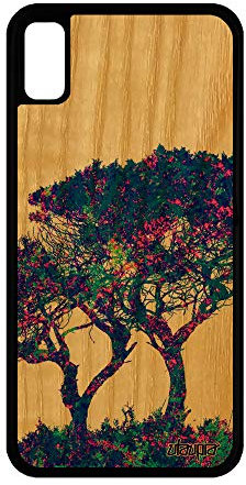 Coque pour Apple iPhone XR en Bois Silicone Arbres Housse Original Design Feuilles de Protection Mobile ecolo Peinture Bleu Fleurs