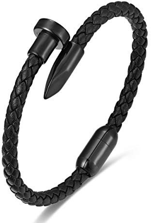 BIYONGDE Men's Braided Leather Bracelet with Black Stainless Steel Nail Ornament, Slim Leather Bangle Bracelet for Men and or Women, Minimalist and Urban Style Unisex, M, Leather, no gemstone