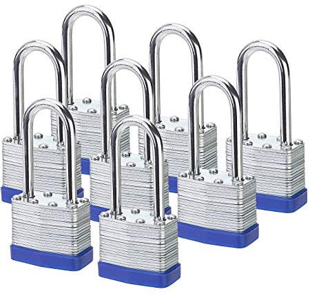 Fu Volante Candados laminados con llave de 1-9/16 (40 mm), cerraduras con llave igual, cerraduras de grillete de 2 pulgadas de largo, paquete de 8