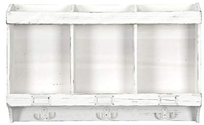 Posiwio nostalgisches Wandregal aus Holz mit 3 Fächern und 3 Doppelhaken Shabby weiß gewischte Vintage Optik