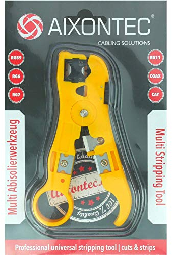 AIXONTEC Multi Abisolierwerkzeug Abisolierzange für Koaxial kabel RG6, RG7, RG11 und RG59 LAN Cat.7 Kabel Ethernet Antennen Leitungen Netzwerkkabel Abmantelwerkzeug Gelb (Gelb Abisolierzange)