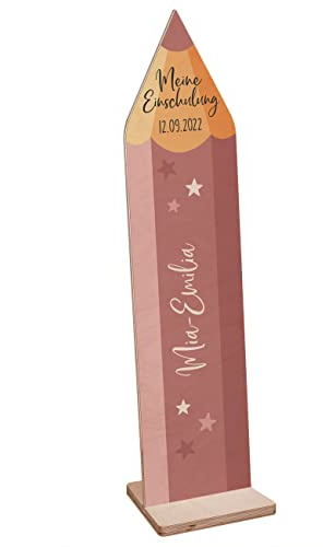 Striefchen® Einschulung Dekoration Holz Aufsteller Stift personalisiert Rosa mit Sternen
