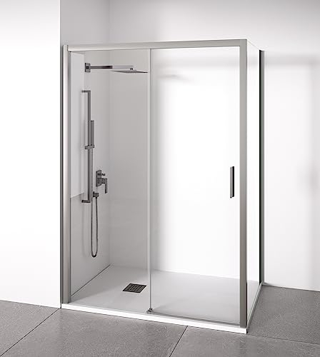Mampara de ducha angular 1 corredera + 2 fijos - sin perfilería inferior - Cristal transparente templado 6mm - Plata Brillo - Ancho adaptable 135-140 x 67-70cm - Posición puerta derecha - Alto 195cm