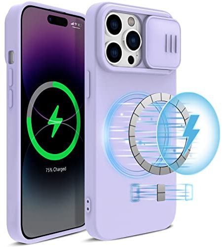 imluckies Magnetic Silicone Case for iPhone 14 Pro Max 6.7 Compatible with Magsafe with Slide Camera Protector, Built-in Magnets, Premium Liquid Silicone Case (2022), Light Purple