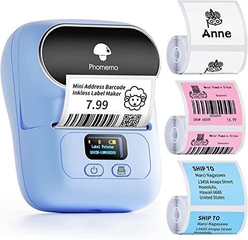 Phomemo Imprimante d'étiquettes M110 - Bluetooth - Auto-adhésive - Imprimante d'étiquettes Portable pour Codes-Barres - avec 3 Rouleaux d'étiquettes de 40 x 30 mm - Bleu