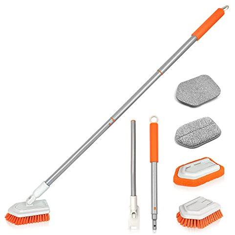JEHONN 4-in-1 Bathroom Tile Tub Scrubber with Long Handle, Upgraded Shower Cleaning Brush, 4 Different Function Scrub Brush Attachments Head for Bath, Bathtub, Floor, Wall, Baseboard