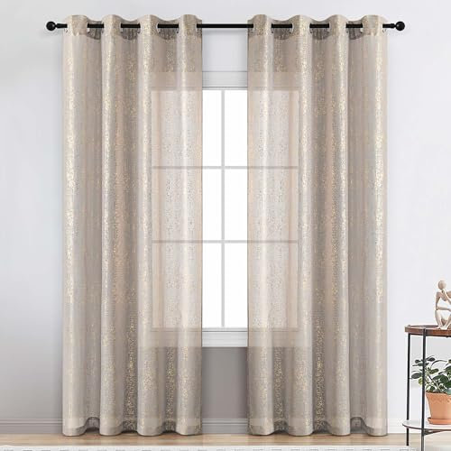 TERLYTEX Goldfarbene, graue Vorhänge, mit metallischem, goldfarbenem Foliendruck in Spritzfleckoptik, funkelnde, durchscheinende Vorhänge für Schlafzimmer, mit Ösen, durchscheinende Fenstervorhänge
