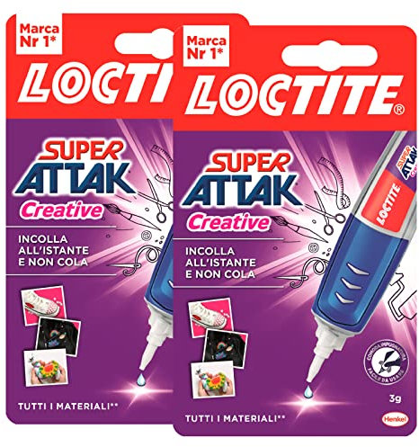 Loctite Super Attak Creative Gel Adesivo Istantaneo Universale con Applicatore a Penna Trasparente Incolla Rapidamente Non Cola per Metallo Cuoio Legno Plastica Gomma Pelle Ceramica - 2 Flaconi da 3g