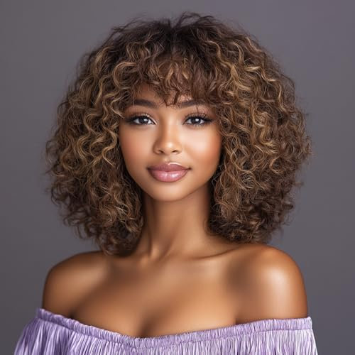 FASHION IDOL Bob Curly Echthaar-Perücken mit Pony Jerry Curl Bob Perücken Echthaar brasilianische Virgin Echthaar keine Lace Front Perücken für Frauen (25CM, P4/30/27)