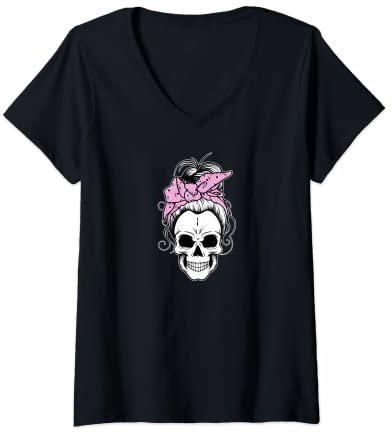 Damen Messy Bun Skull Shirt Damen Bandana Halloween Shirt Gruppe T-Shirt mit V-Ausschnitt